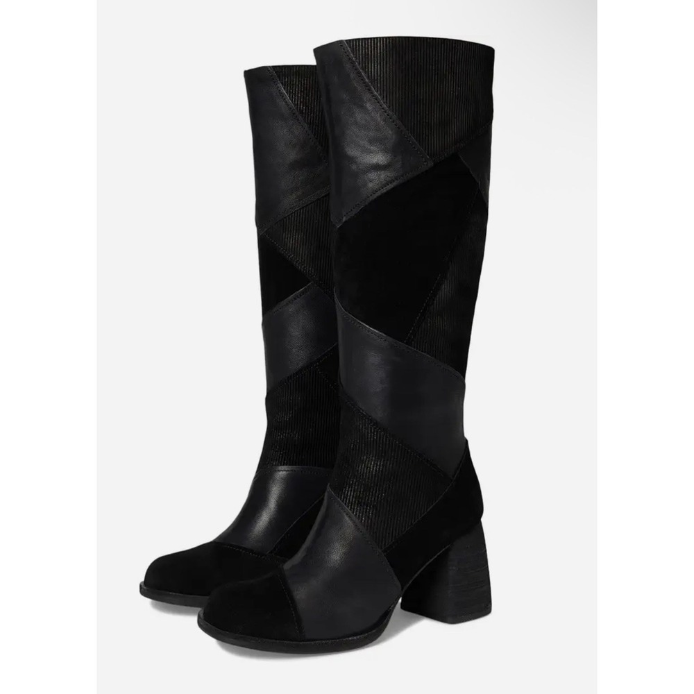 NIB $340 Kork-Ease 7 M Asbee Tall Boot Black Patchwork Leather Suede Textured